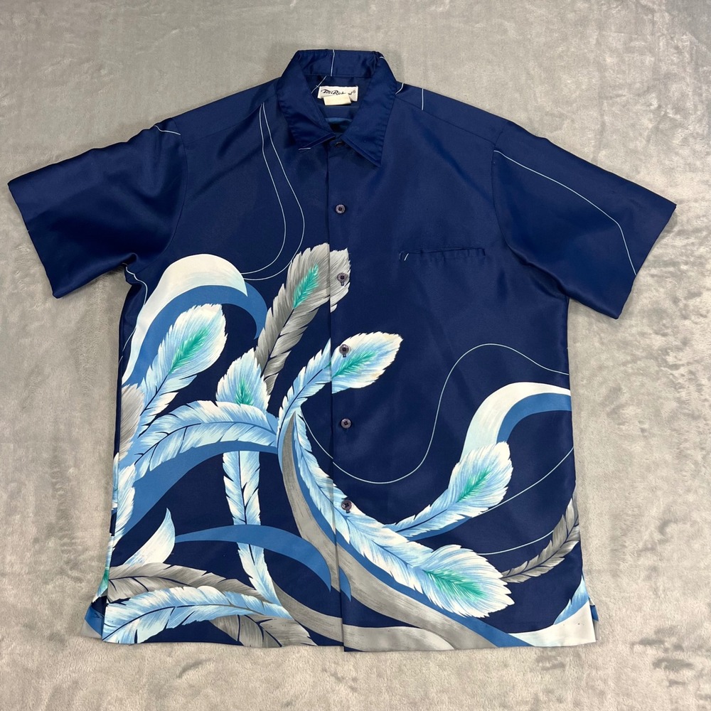 TORI RICHARD Vintage 70s Shirt Men's XL Blue Feather Print SS Button Up Hawaiian